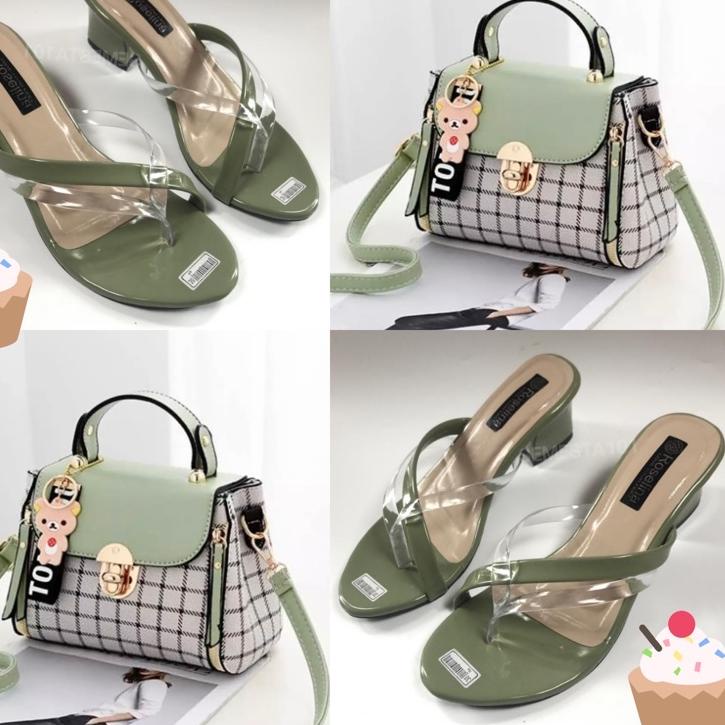 [KODE QM8YV] Promo  Satu Set Tas Square Fashion Wanita & Sandal Hak Tinggi 5cm