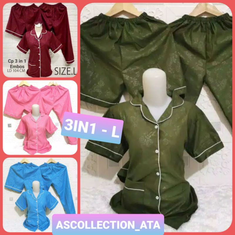 PIYAMA SATEN EMBOS 3IN1 CP L / PIYAMA L / PIYAMA DEWASA / PIYAMA MURAH / BAJU TIDUR / PIYAMA JUMBO
