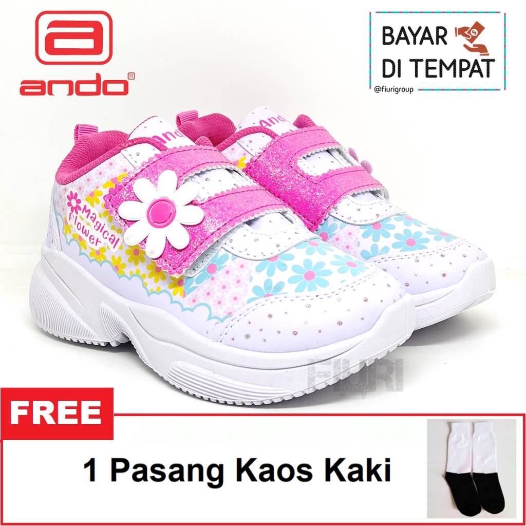 FIURI - ANDO ORIGINAL - MAGICAL FLOWER PEREKAT 29-32 PUTIH PINK BIRU - SEPATU SNEAKERS KANVAS SOL KARET ANAK KECIL PEREMPUAN  - SEPATU BERMOTIF BUNGA KETS LUCU FASHION TRENDY - SEPATU SEKOLAH PAUD TK KRETEKAN PEREKAT CEWEK PROMO DISKON BONUS KAOS KAKI