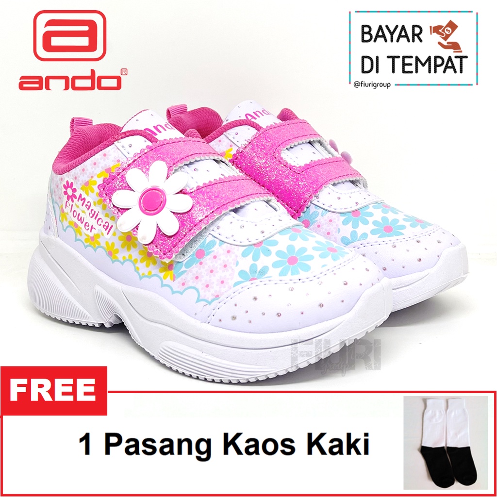 FIURI - ANDO ORIGINAL - MAGICAL FLOWER PEREKAT 29-32 PUTIH PINK - SEPATU SNEAKERS KANVAS SOL KARET ANAK KECIL PEREMPUAN  - SEPATU BERMOTIF BUNGA KETS LUCU FASHION TRENDY - SEPATU SEKOLAH PAUD TK KRETEKAN PEREKAT CEWEK MURAH PROMO DISKON BONUS KAOS KAKI