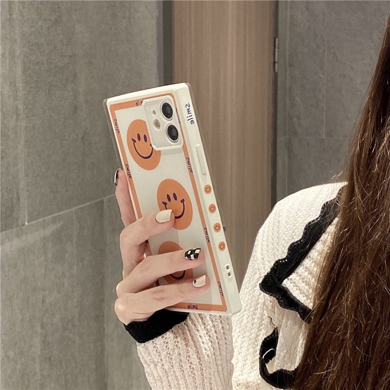 Casing Ponsel untuk iPhone 7 8 Plus SE 2020 11 12 Pro Max Silikon Square Orange Smiley Kartun Casing Ponsel untuk iPhone XR Xsmax Casing Tahan Guncangan grrt