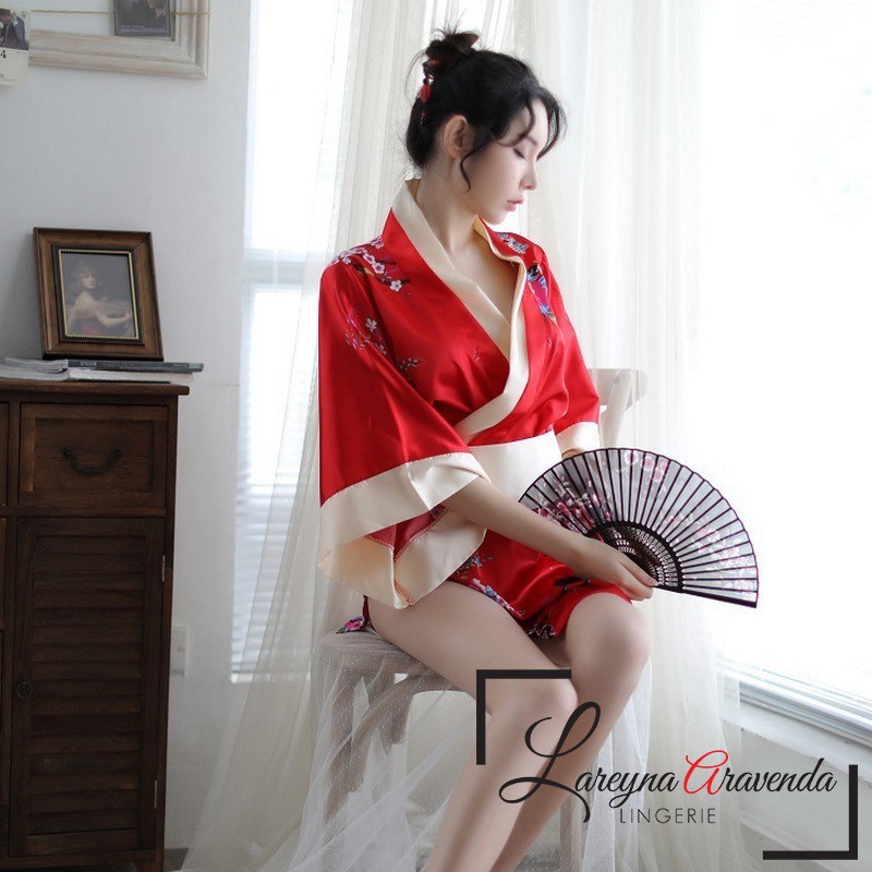 Set Lingerie Seksi + G String Model Kimono Premium Sabuk Besar Satin Jepang LG109
