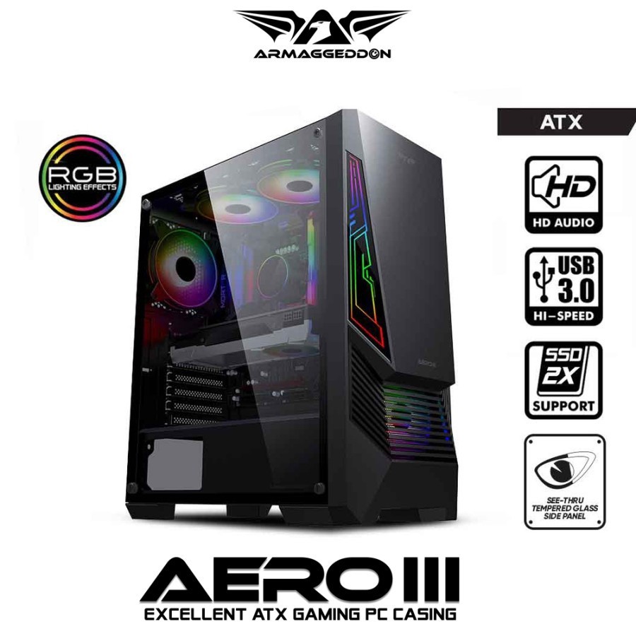 Armaggeddon AERO III ATX Gaming PC Case with Tempered Glass Side Panel