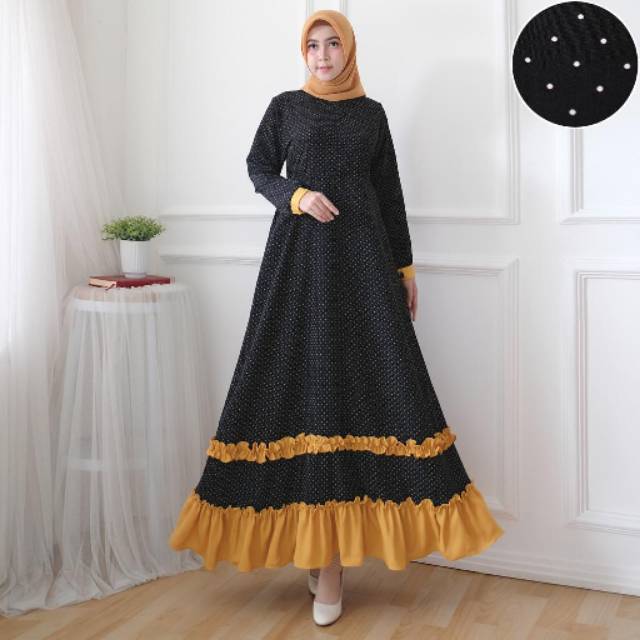 GAMIS MURAH / GAMIS POLKADOT / GAMIS HITAM MOTIF / MAXI DRESS HITAM POLKADOT / Baju wanita HITAM