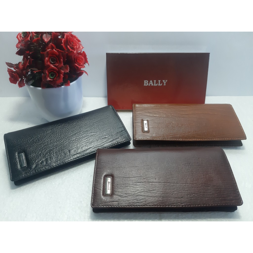 Dompet Kulit Asli Panjang Pria Wanita Merk Bally Logo Logam Motif Kulit Kayu Bahan Lembut Dan Mewah