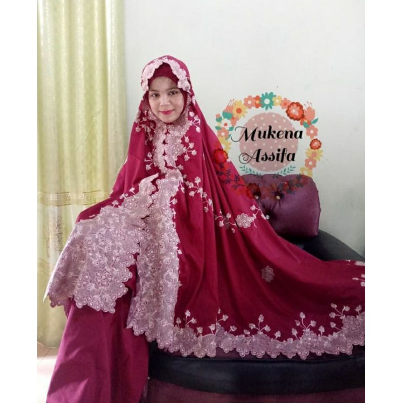 Mukena bordir padang maharani kd maron bunga silver 65