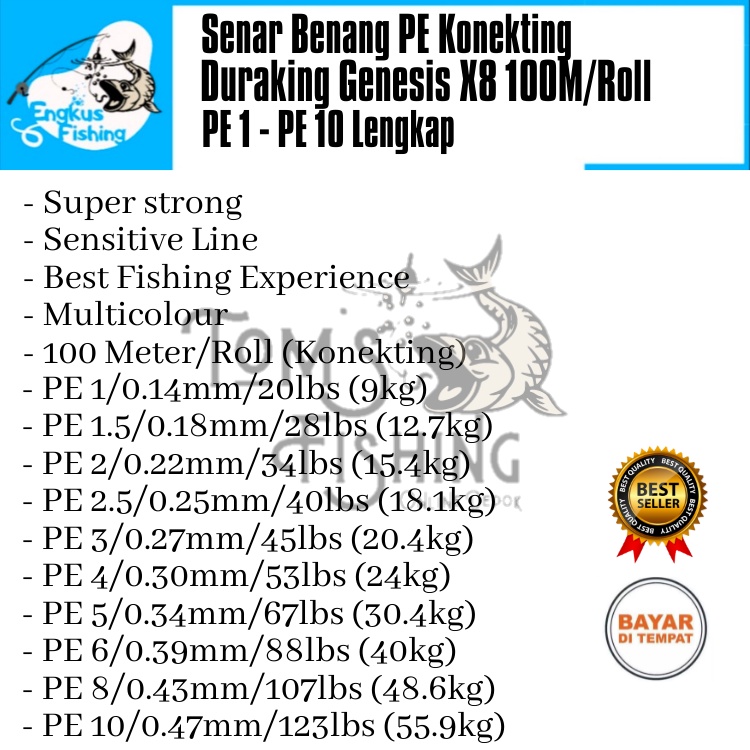 Senar Benang Pancing PE Duraking Genesis X8 (PE 1 - PE 10) 100M/Roll Konekting - Engkus Fishing