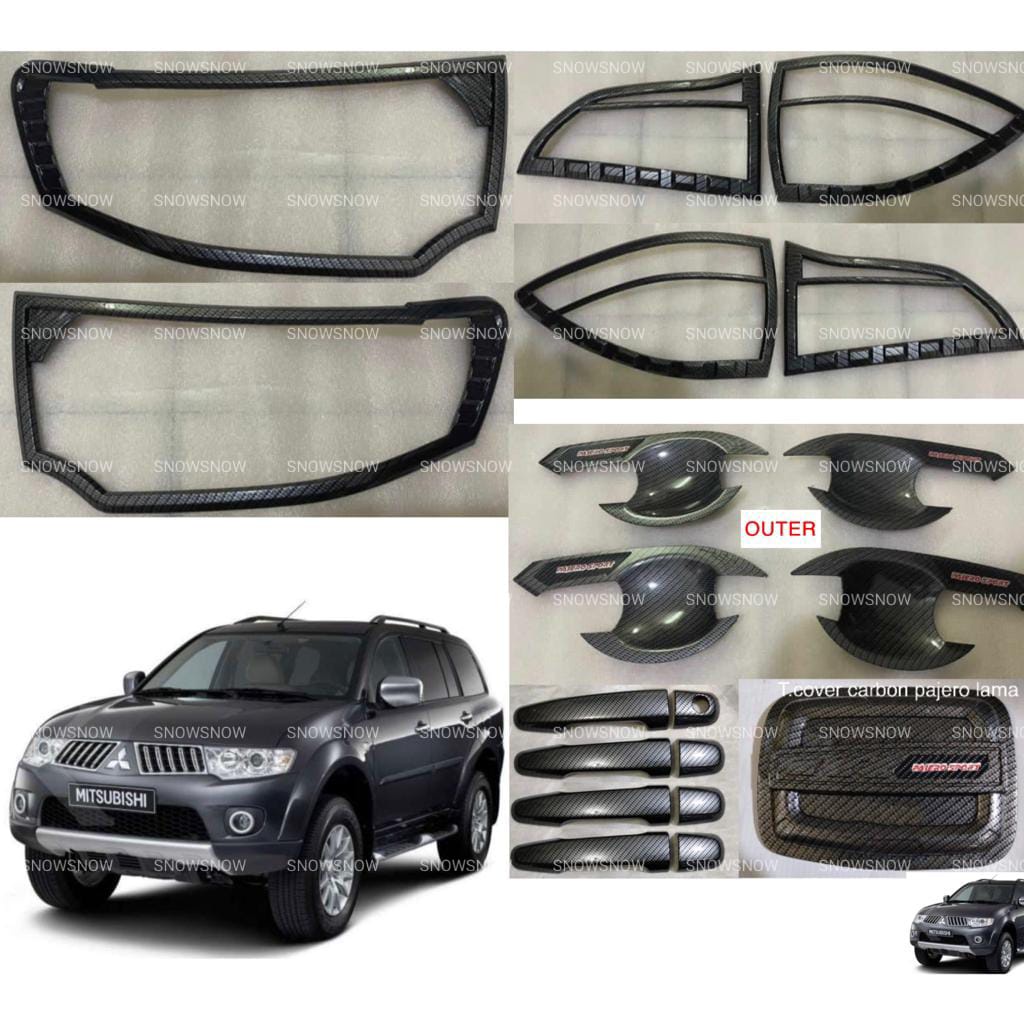 Paket Garnish Lampu Depan Belakang Outer Handle Tank Cover Pajero Lama Old 2010 2012 2015 Carbon