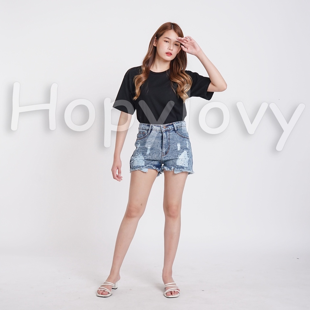 HOPYLOVY Celana Pendek Jeans Wanita Sobek Hotpants Jeans Ripped Angelina