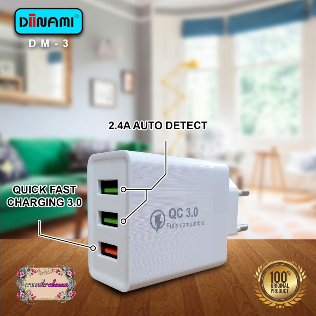 BM101 ADAPTOR BATOK CHARGER DIINAMI DM-3 3USB PORTS QUALCOM android &amp; iPhone garansi 1tahun SB2585