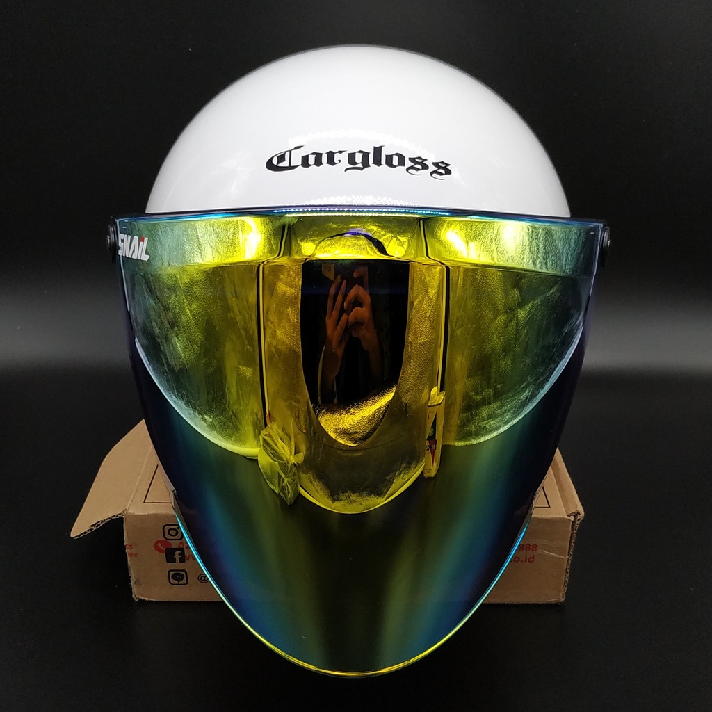 Helm Cargloss Retro Super Whity White Glossy + Kaca Snail Iridium Gold