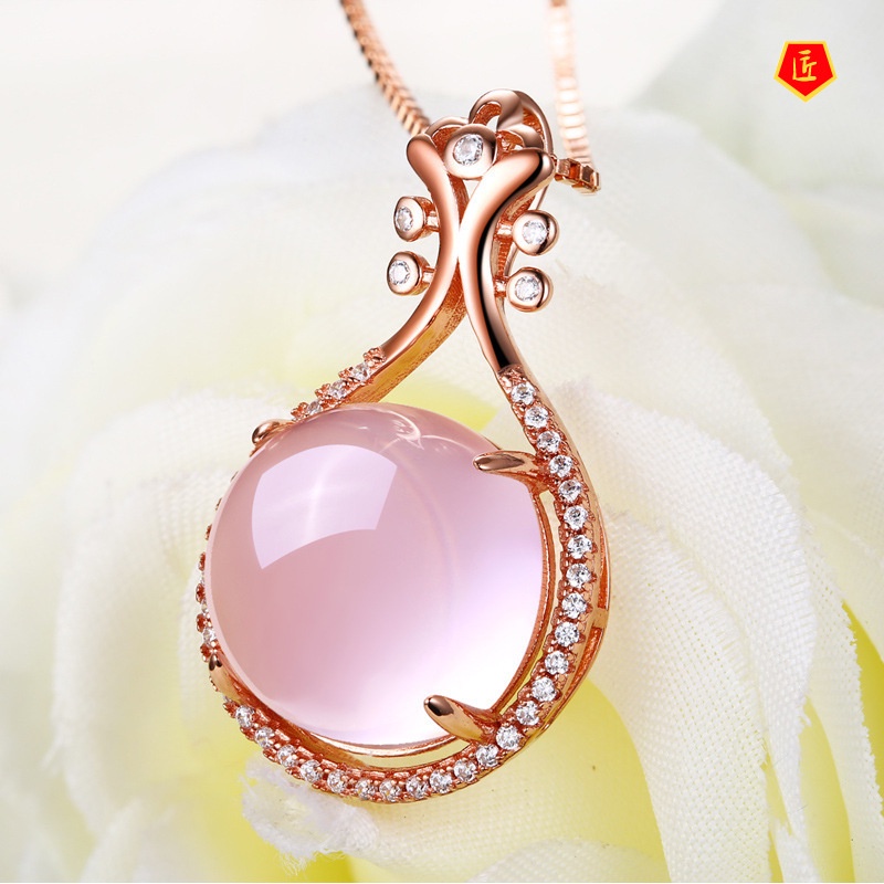 [Ready Stock]925 Rose Gold Necklace Female Pink Crystal Pipa Pendant Simple Fashion