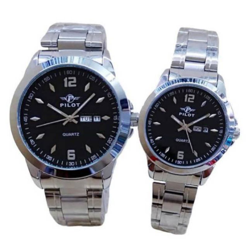 (Cod)Jam Tangan Couple Fashion Pilot Original Tanggal Hari Strap Stell/Rantai Anti Air(Dikirim Jakarta)