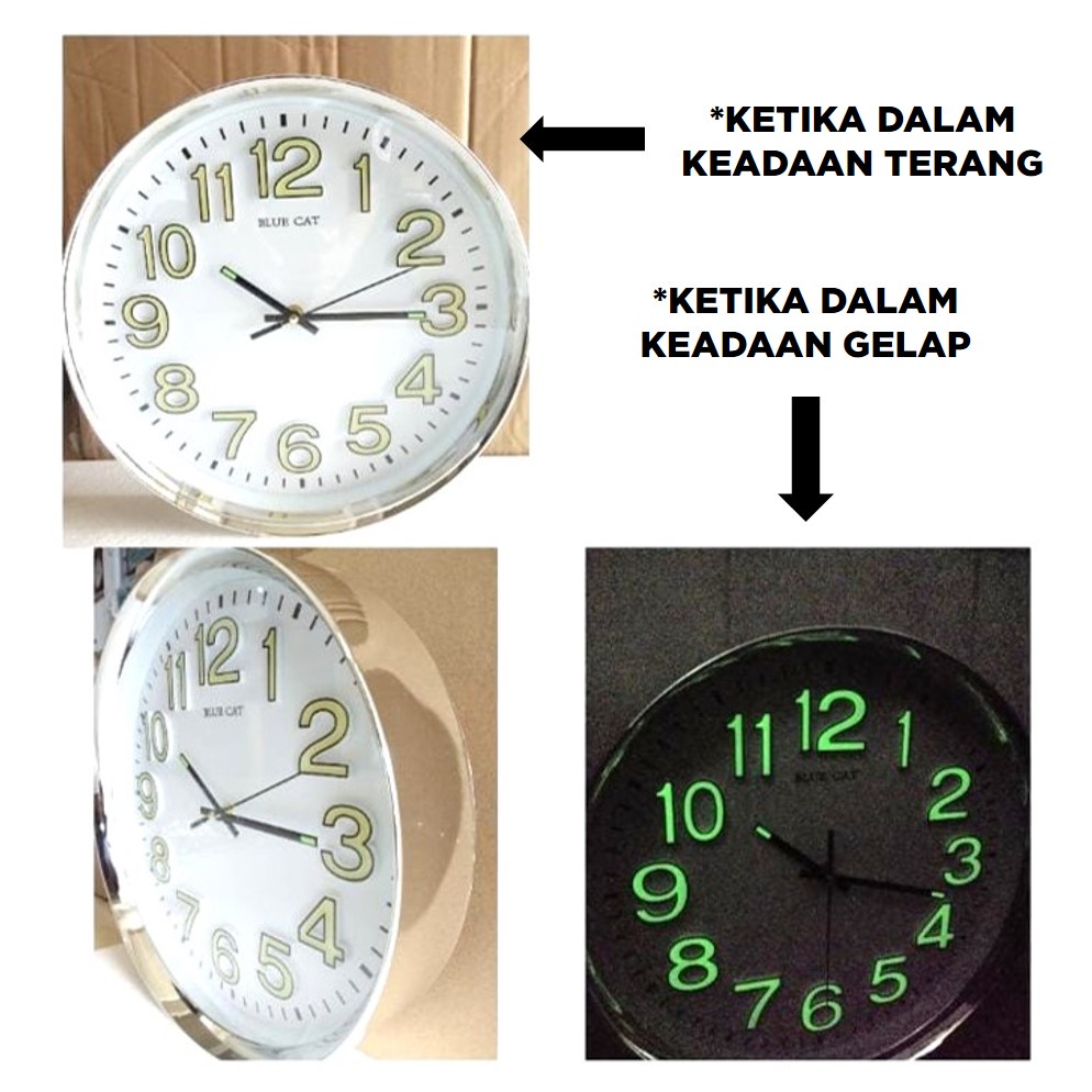 Jam Dinding Menyala Dalam Gelap Glow In The Dark 30cm Free Baterai AA