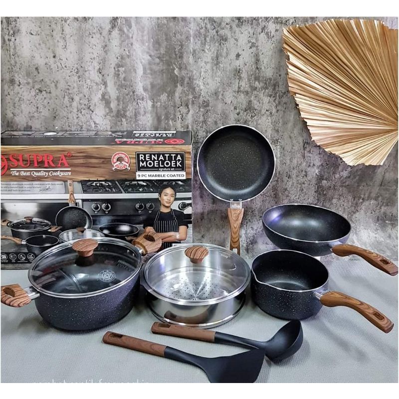 Panci Supra 9 Black Marble Set Alumunium Anti Lengket Renatta Moeloek Signature 9 Pcs Marble Coated