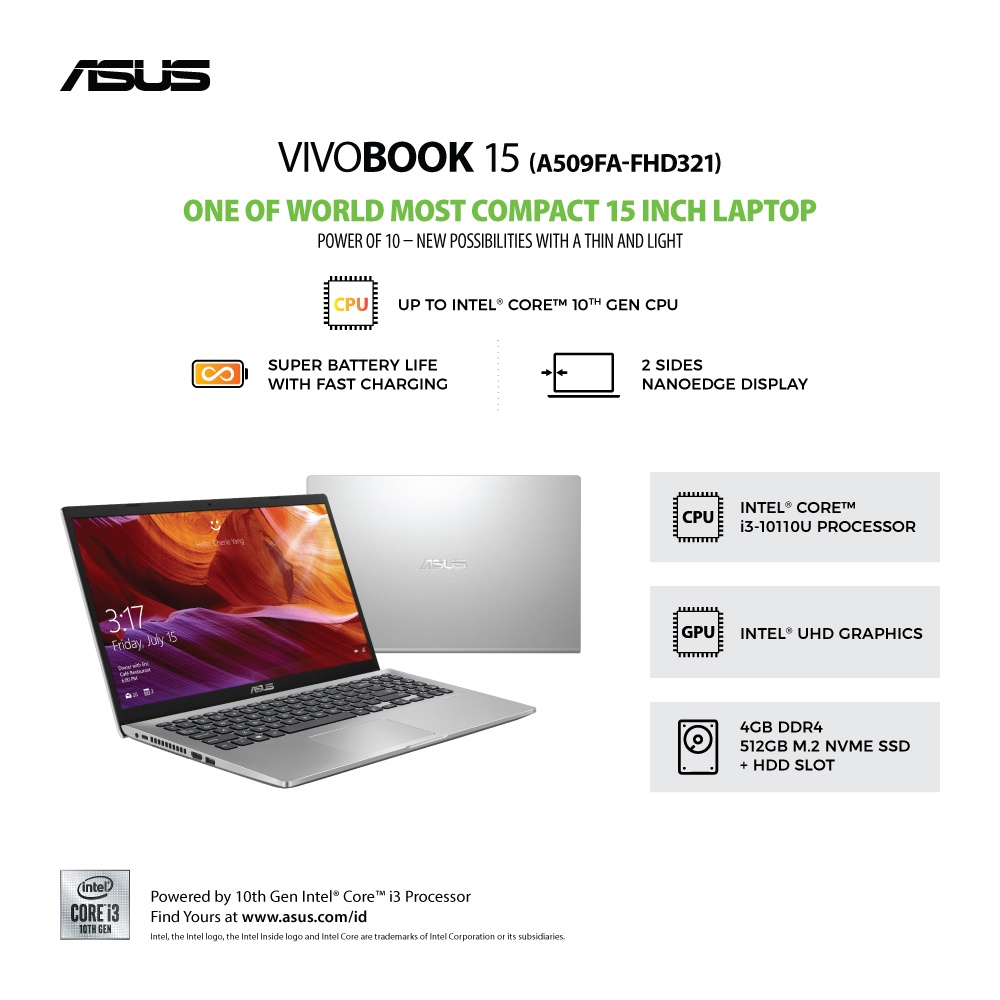 Asus VivoBook A509FA-FHD321 /Core i3-10110U/4GB/256GB SSD/15.6″/Win 10 Home