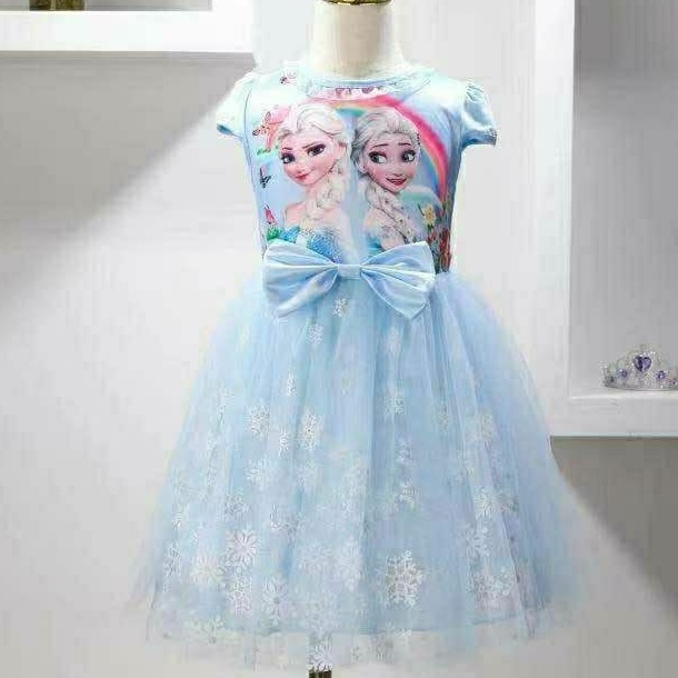 DRESS ANAK IMPORT FROZEN BLUE TILE PRINTING SNOWFLAKES