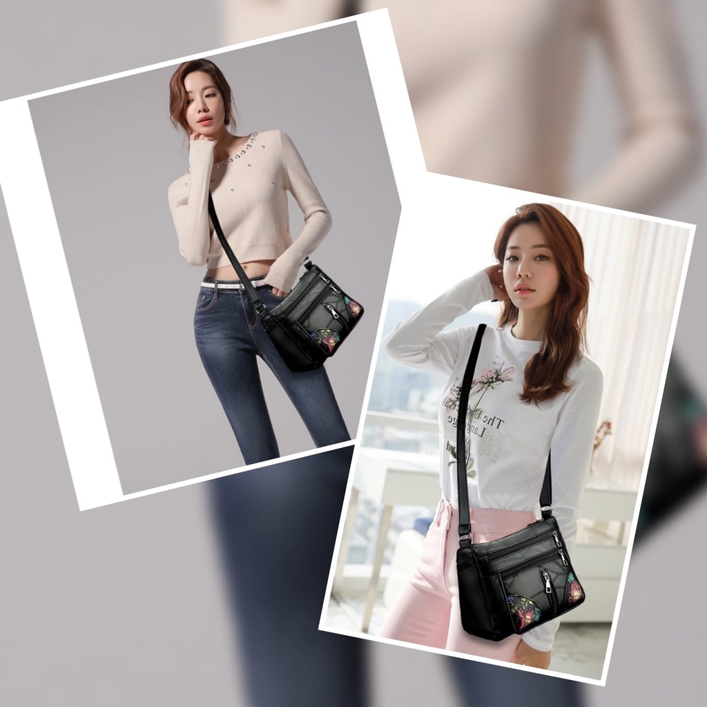 TAS SELEMPANG WANITA KULIT HITAM COBETA TA488B5 4 RESLETING IMPORT MOTIF BUNGA SHOULDER SLINGBAG PREMIUM KOREA CEWEK MURAH SIMPLE REMAJA KEKINIAN