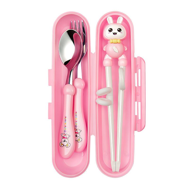 Set Alat Makan Stainless 4 in 1/ Set sendok Garpu Sumpit Anak Free Tempat /Sendok Sumpit  Latihan Anak / Training Chopstick / Sumpit Anak Lucu / Sumpit Latihan Anak