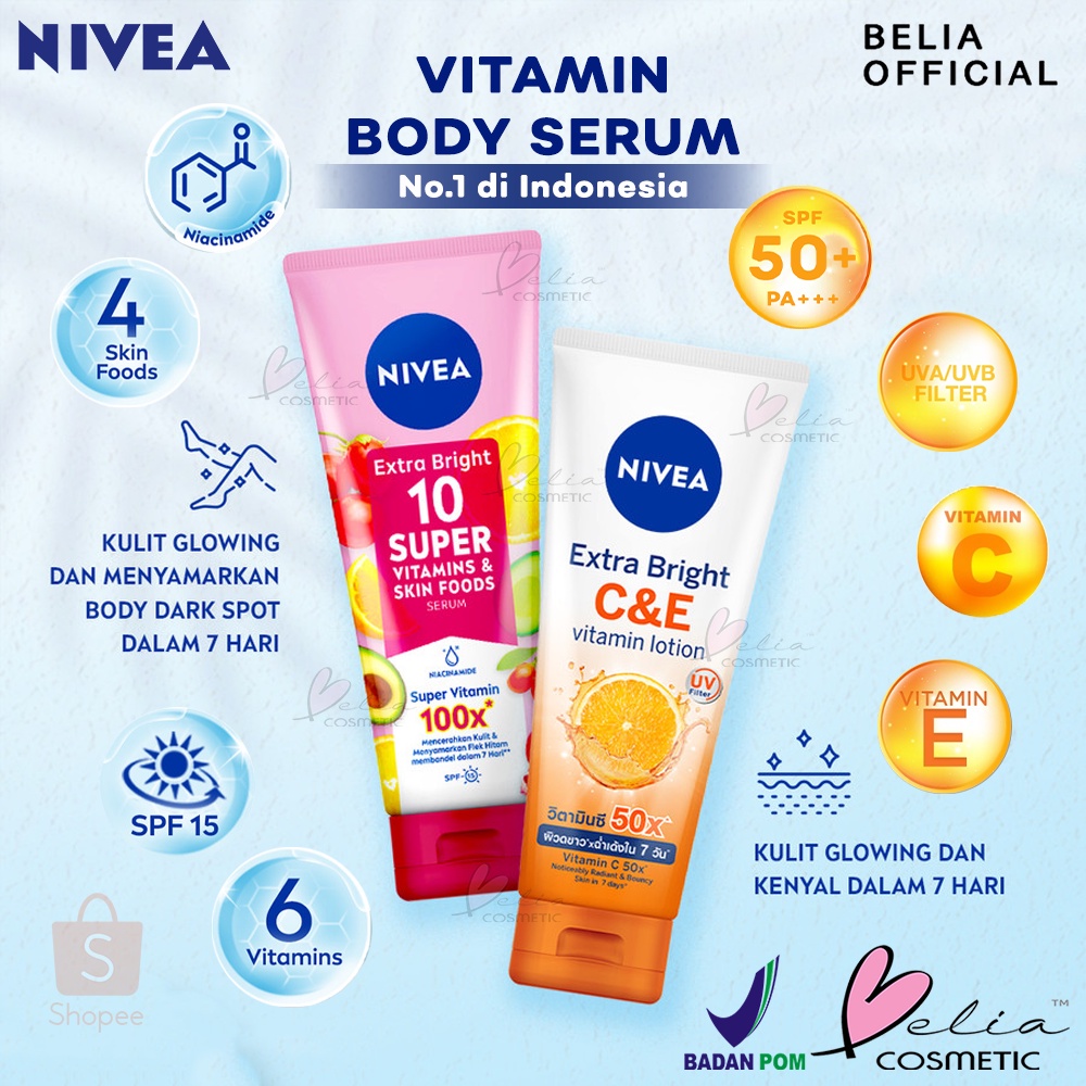 ❤ BELIA ❤ NIVEA Extra Bright 10 Super Vitamins &amp; Skin Food Serum 180ml | Extra Bright C&amp;E Vitamin Lotion 180ml