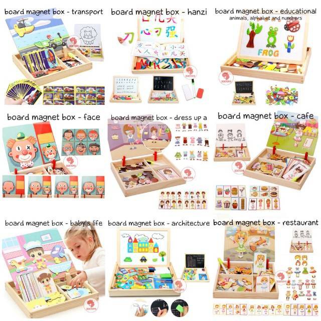 Zoetoys Board Magnet Box Hanzi Occupation Zoo Farm Transport Face | 2in1 Magnetic Puzzle 3D Jigsaw Wooden Box Educational Blackboard WhiteBoard Papan Tulis Belajar Bahasa Mandarin Jenis Pekerjaan Mainan Edukasi Anak | Cari kado natal