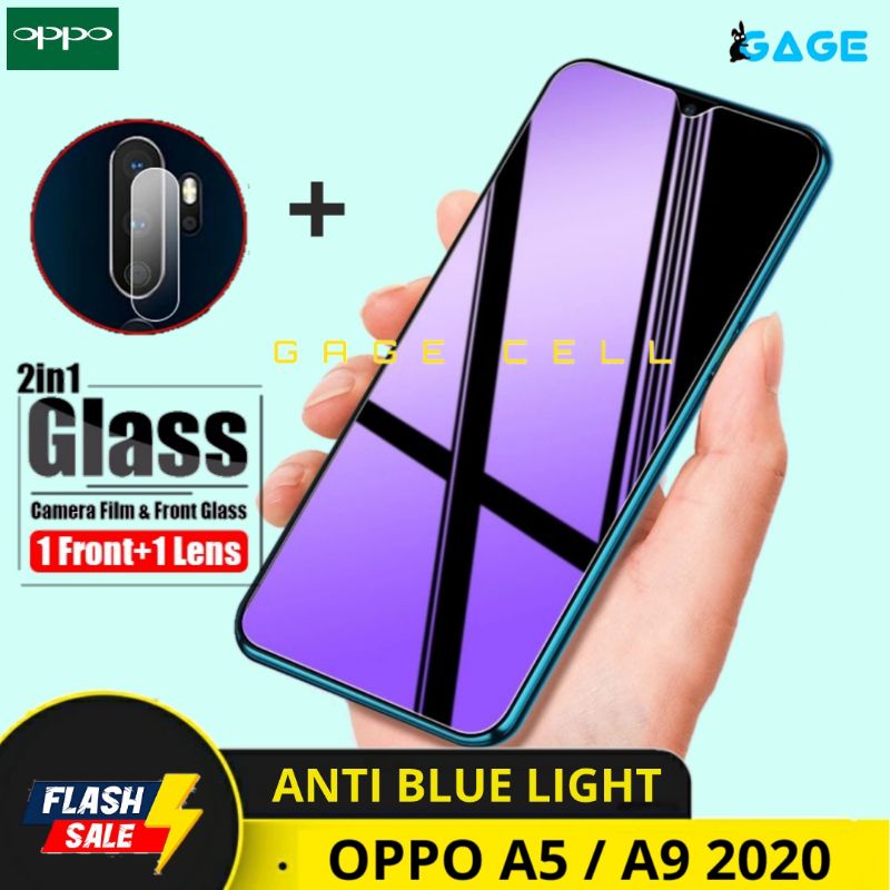 2in1 TEMPERED GLASS ANTI BLUE LIGHT FULL OPPO A5 A9 2020 TG ANTI GORES LAYAR KAMERA SCREEN PROTECTOR