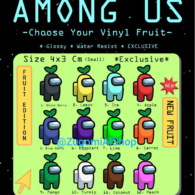 Among Us Sticker / stiker Vinyl Fruit Edition FullSet isi 12 Pcs (4x3cm)