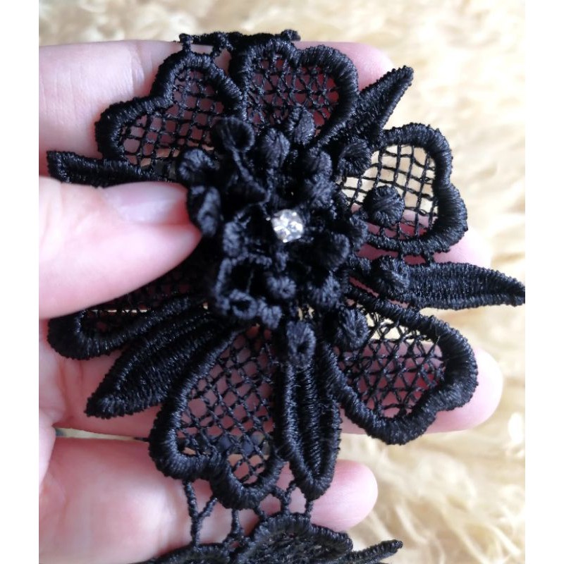 renda bordir tumpuk dan kristal lebar 7 cm per 3 pcs bunga