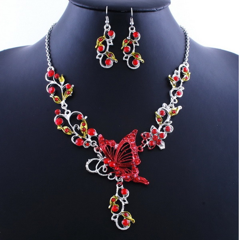 SIY  Hot Elegant Butterfly Flower Rhinestone Pendant Necklace Earrings Jewelry Set