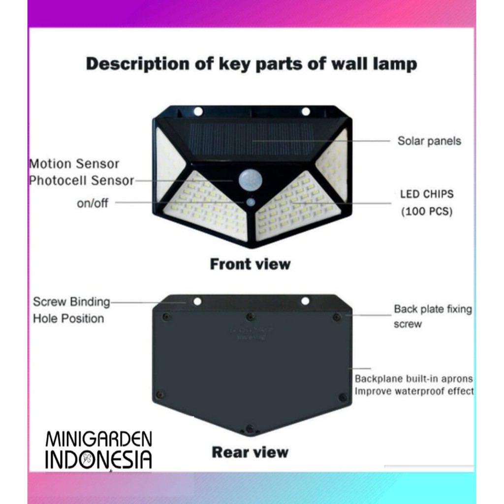 LAMPU TAMAN DINDING 100 LED SENSOR GERAK Solar Sensor Wall Light Lampu Sensor Tenaga Surya emergency