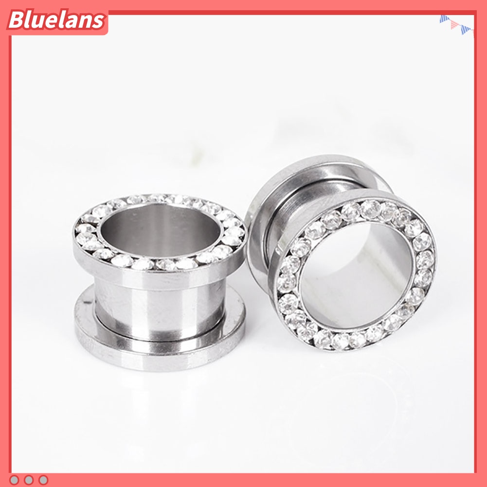 Bluelans 1 Pasang Ear Plug Tunnels Bahan Stainless Steel Aksen Berlian Imitasi