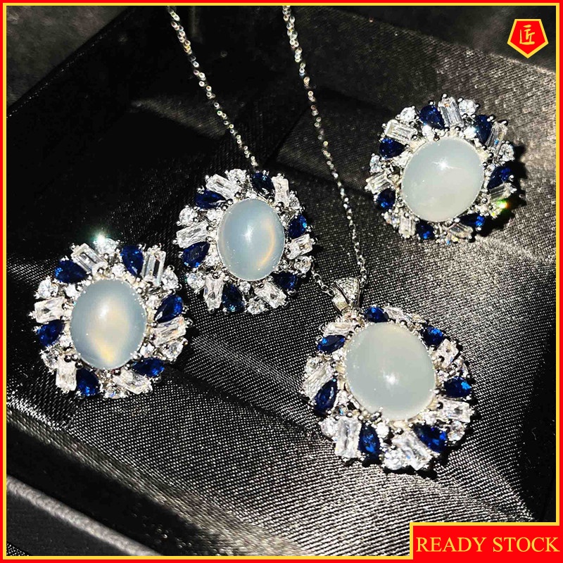 [Ready Stock]Natural White Chalcedony Necklace Ring Ear Stud Suit