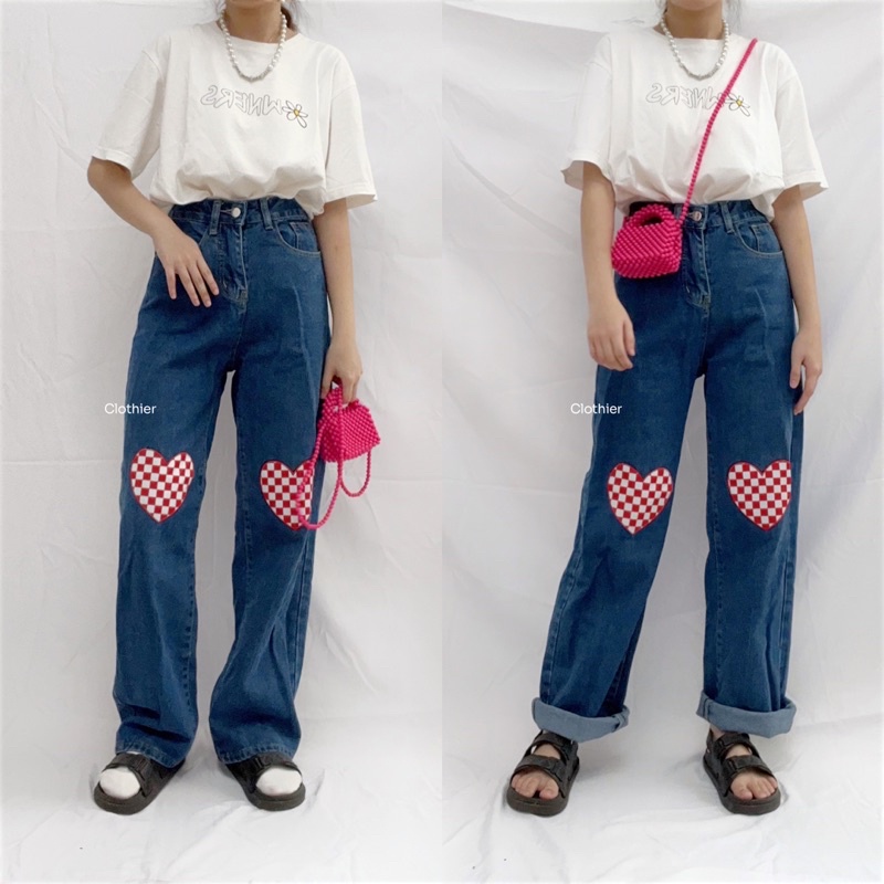 CLOTHIER - Mino Heart Jeans | Plaid Heart Red Medium Blue Jeans