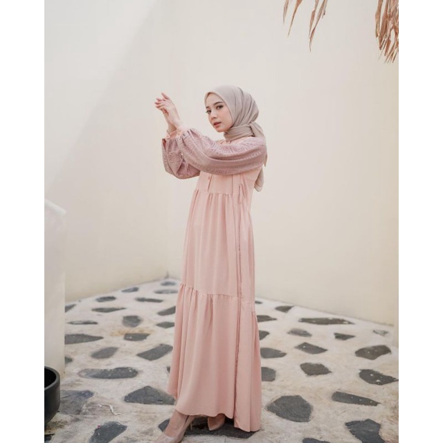 Baju Gamis Wanita Simple Elegan Mewah Terbaru Gamis Zaskia Bahan Katun Crengcle Airflow Mix Brukat