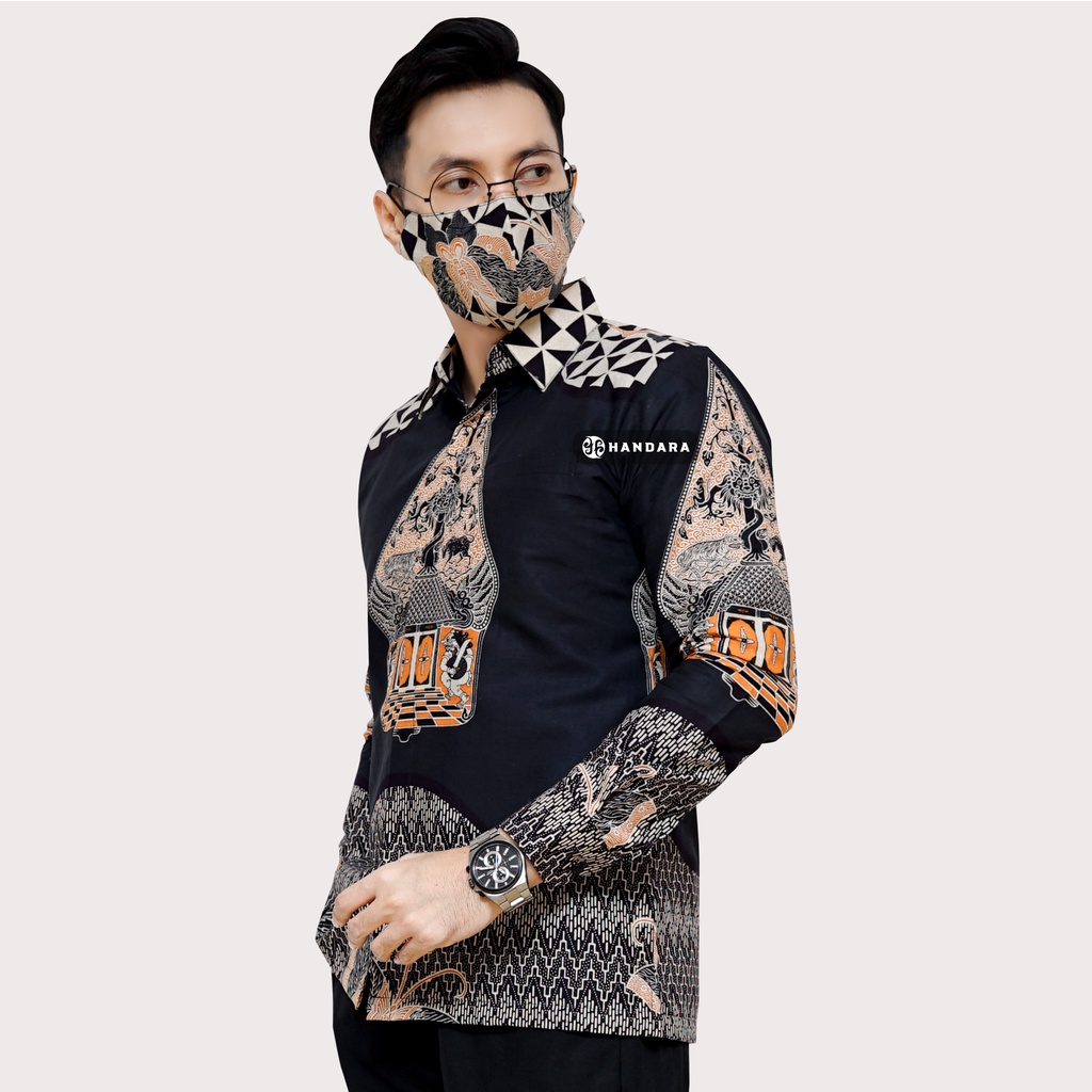 Baju Kemeja Batik Pria Lengan Panjang Slim Fit Premium Modern Full Furing Katun Halus Original Handara Motif Gunungan Sindoro Hitam HB-103