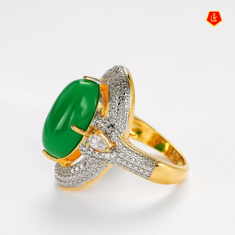 [Ready Stock]18K Gold Color Separation Inlaid Green Chalcedony Full Diamond Ring Luxury Elegant