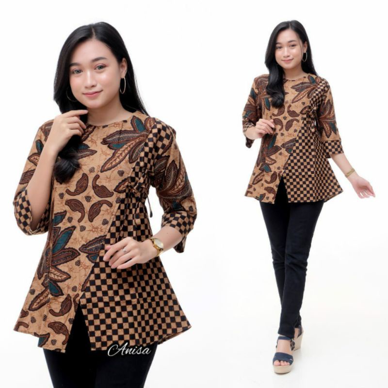 Batik wanita ASJ SA HRB026 Kenongo Kemeja Tosca Pendek-daun catur ans