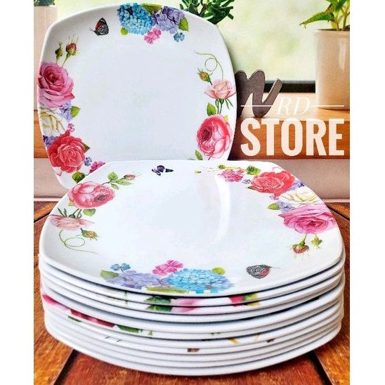 PROMO 12.PCS PIRING PERSEGI CEPER PRASMANAN MELAMINE MOTIF ROSE