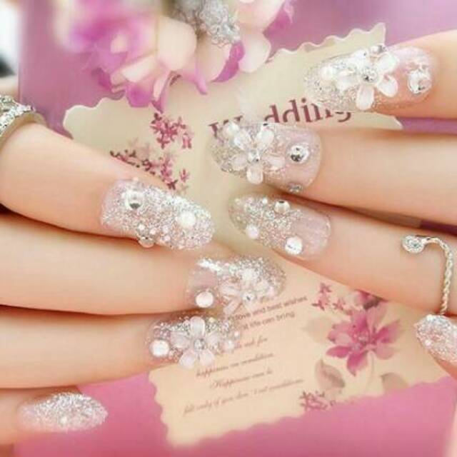 Wedding party fake nail Clear Rhinestone Flower kuku palsu 3D + LEM