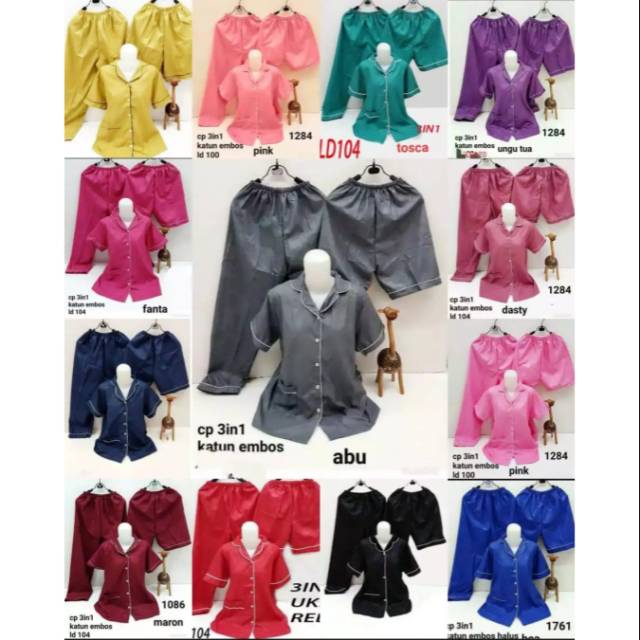 VWFASHION piyama wanita dewasa set 3in1 polos embos