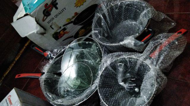Panci Set Enamel  Cookware Set Anti Lengket Lengkap Dengan Tutup Kaca