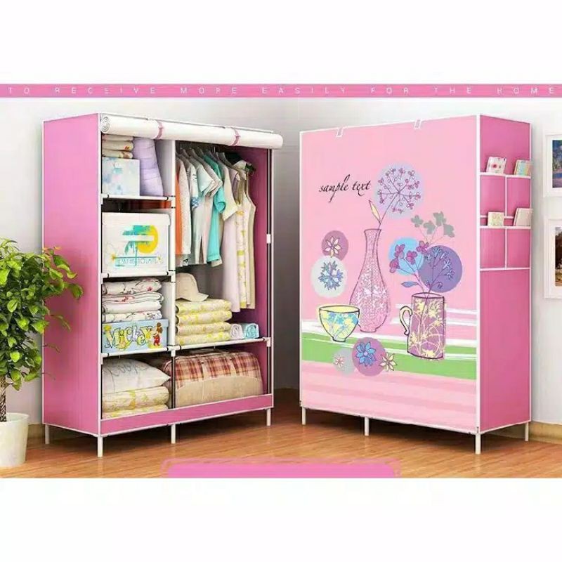 Lemari pakaian rak baju lemari kain rak besi lemari portable anak bayi
