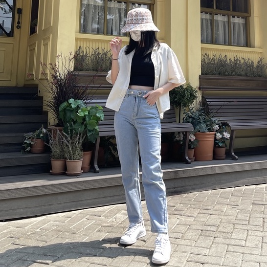 DEMORIN - Celana Jeans Panjang Kekinian Boyfriend Highwaist JeansWanita X21