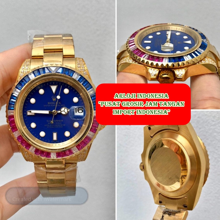 New Jam Tangan Pria ROLEX Submariner Gold Blue Diamond Garansi 1th