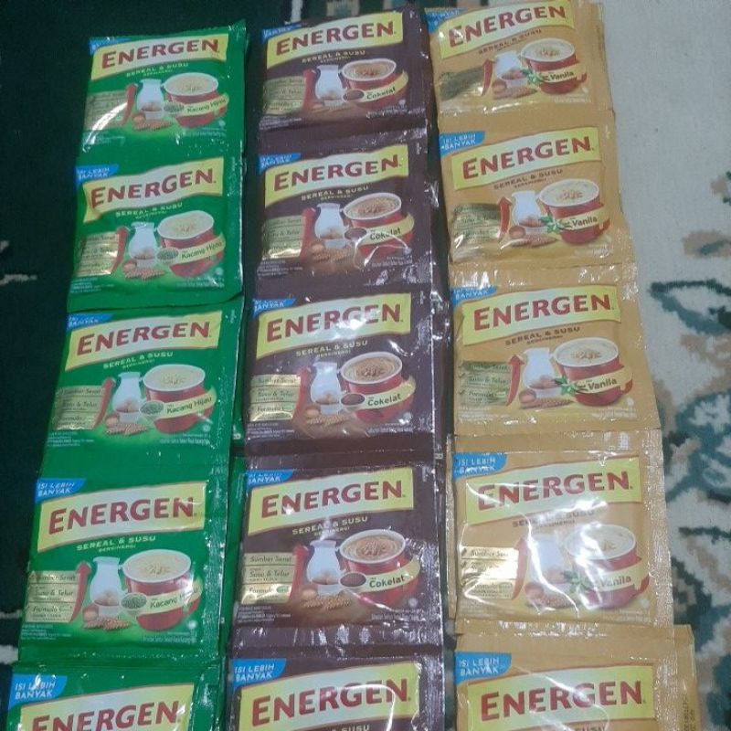 

Energen coklat, vanila, kacang hijau 1 renceng isi 10 sachet