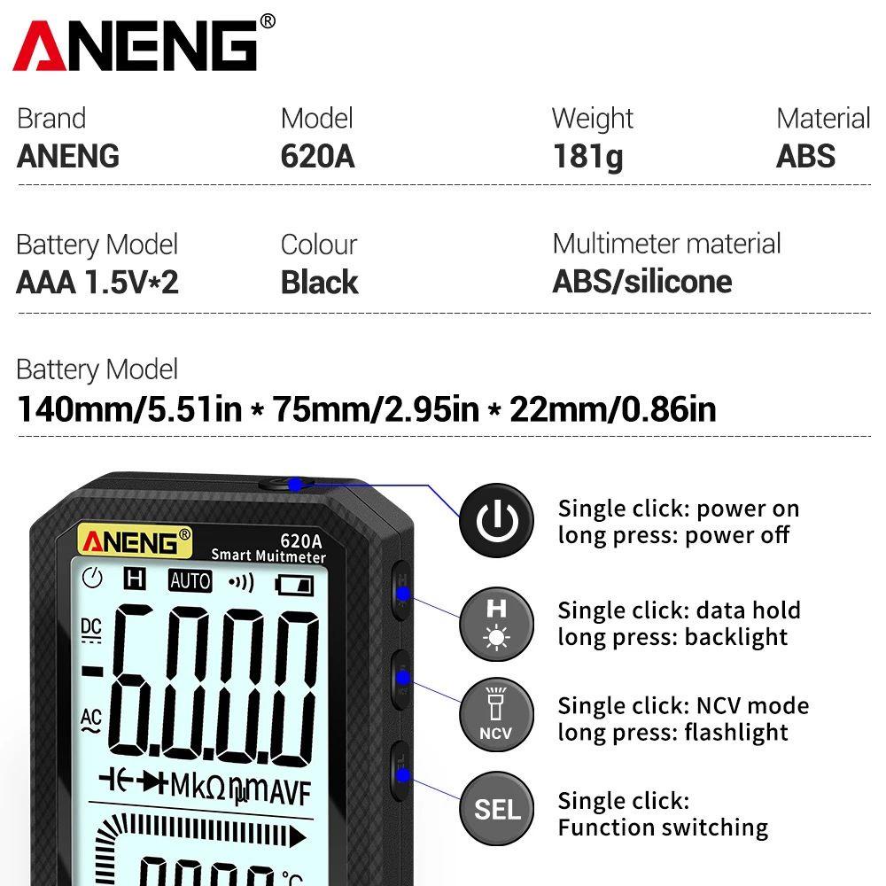 Solighter Digital Smart Multimeter ANENG 620A 6000hitan True RMS Pengukur Kapasitansi Listrik Layar Penuh