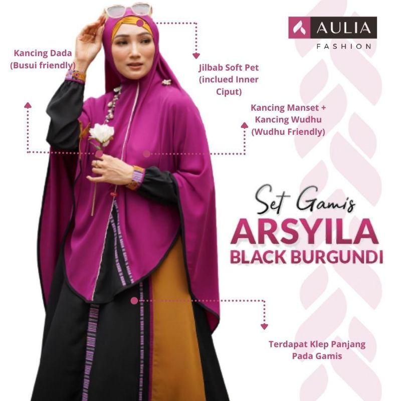 AULIA FASHION Set Gamis ARSYILA BLACK BURGUNDI Preloved / PL Ukuran M Busana Muslim Branded Original