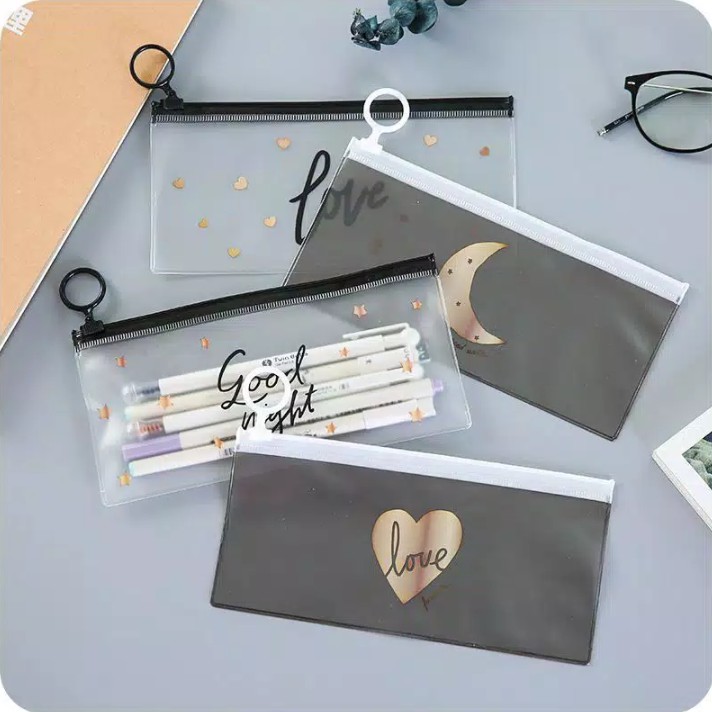 

TEMPAT PENSIL TRANSPARAN ZIP ZIPPER LOVE UNIK LUCU MURAH