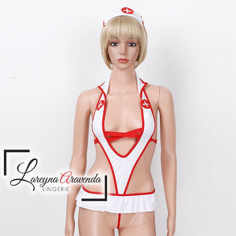 Set Lingerie Seksi + Bando Fit M/L/XL/XXL Model Kostum Perawat Nakal LG344