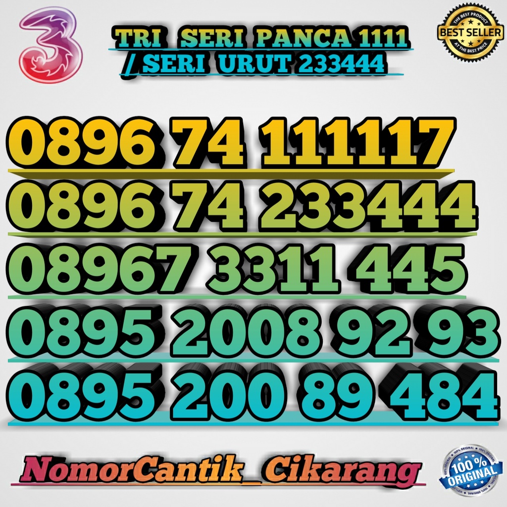 NOMOR CANTIK PERDANA TRI URUT 233444 /  NOMOR CANTIK TRI PANCA 11111 / KARTU TRI SERI TAHUN 2008